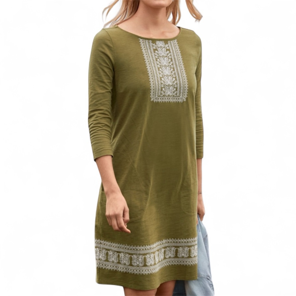NWT Garnet Hill Olive Tunic with White Embroidery Size XS 100% Organic Cotton